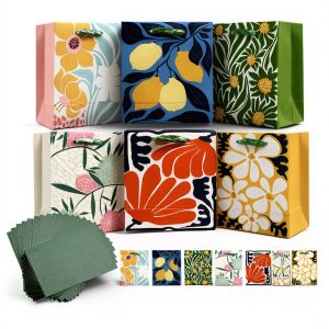 qiqee 7.9"x4.3"x9.6" 6PCS Clash Flowers Paper Gift Bags with Tissue Paper Handles Medium Size Bags(12pcs Tissue Paper )-0