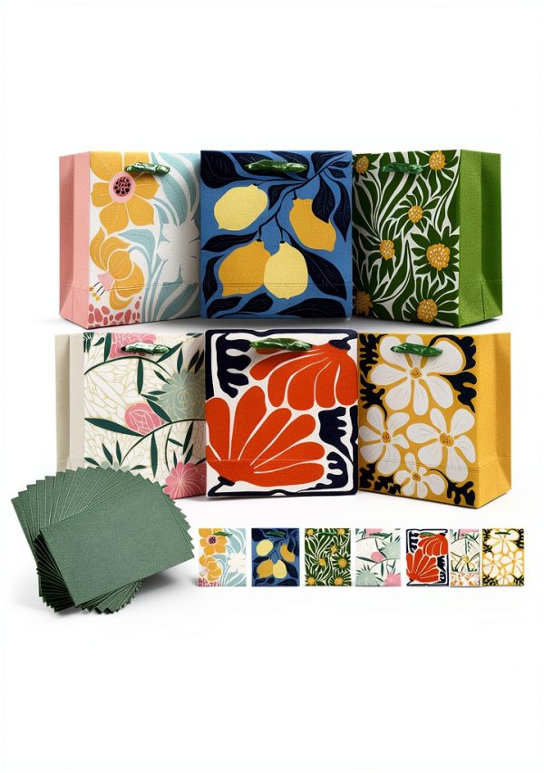 qiqee 7.9"x4.3"x9.6" 6PCS Clash Flowers Paper Gift Bags with Tissue Paper Handles Medium Size Bags（12pcs Tissue Paper ）-0